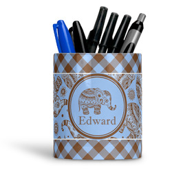 Gingham & Elephants Ceramic Pen Holder