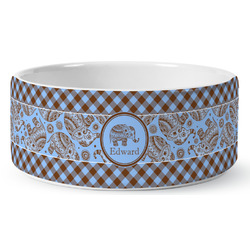 Gingham & Elephants Ceramic Dog Bowl - Large (Personalized)
