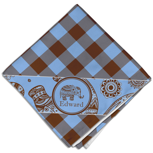 Custom Gingham & Elephants Cloth Dinner Napkin - Single w/ Name or Text