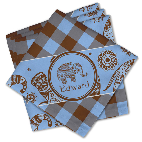 Custom Gingham & Elephants Cloth Cocktail Napkins - Set of 4 w/ Name or Text