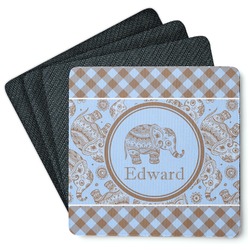 Gingham & Elephants Square Rubber Backed Coasters - Set of 4 (Personalized)