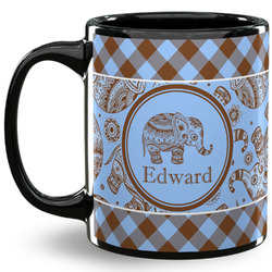 Gingham & Elephants 11 Oz Coffee Mug - Black (Personalized)