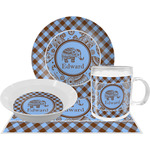 Gingham & Elephants Dinner Set - Single 4 Pc Setting w/ Name or Text