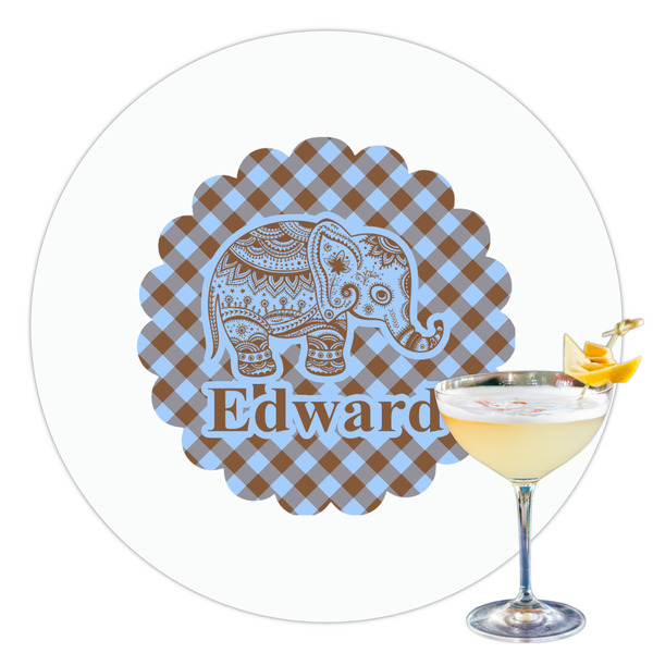 Custom Gingham & Elephants Printed Drink Topper - 3.5" (Personalized)