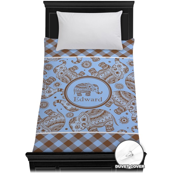 Custom Gingham & Elephants Duvet Cover - Twin (Personalized)