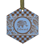 Gingham & Elephants Flat Glass Ornament - Hexagon w/ Name or Text