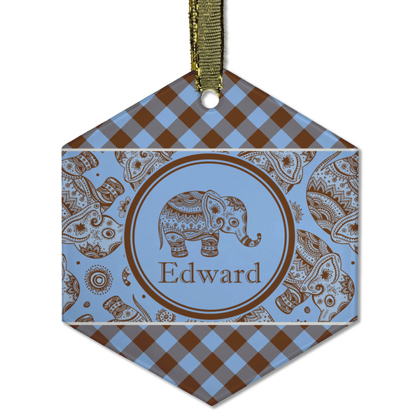 Custom Gingham & Elephants Flat Glass Ornament - Hexagon w/ Name or Text