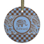 Gingham & Elephants Flat Glass Ornament - Round w/ Name or Text