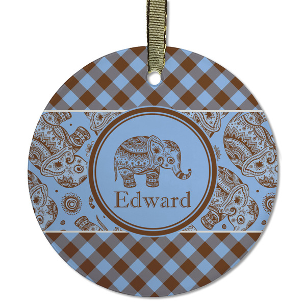 Custom Gingham & Elephants Flat Glass Ornament - Round w/ Name or Text