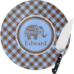 Gingham & Elephants Round Glass Cutting Board (Personalized)