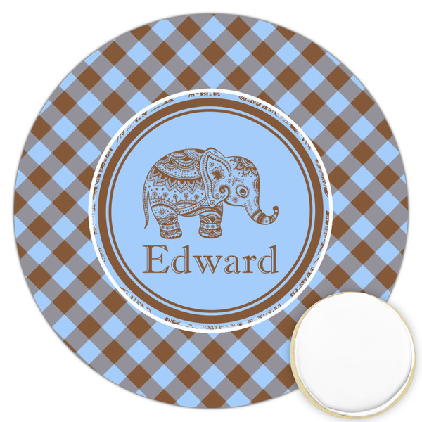 Custom Gingham & Elephants Printed Cookie Topper - 3.25" (Personalized)