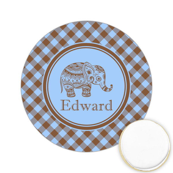 Custom Gingham & Elephants Printed Cookie Topper - 2.15" (Personalized)