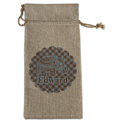 Gingham & Elephants Large Burlap Gift Bag - Front (Personalized)