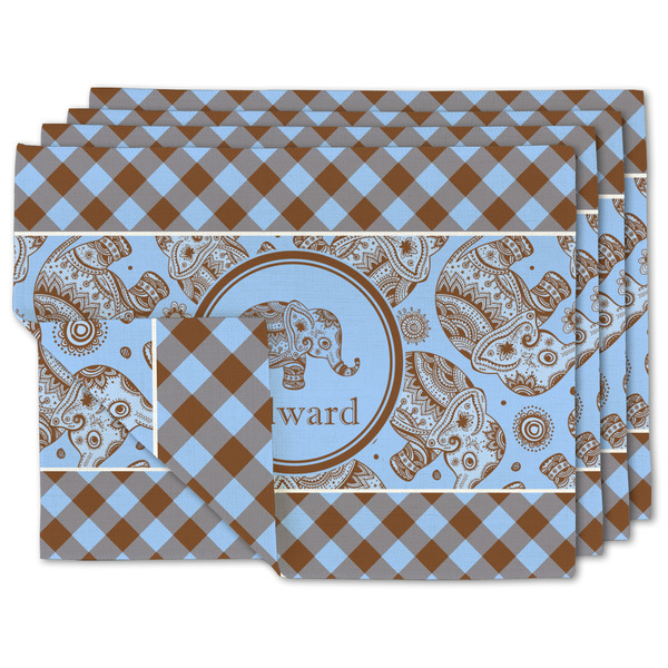 Custom Gingham & Elephants Double-Sided Linen Placemat - Set of 4 w/ Name or Text