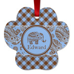 Gingham & Elephants Metal Paw Ornament - Double Sided w/ Name or Text