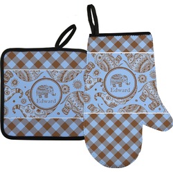Gingham & Elephants Right Oven Mitt & Pot Holder Set w/ Name or Text