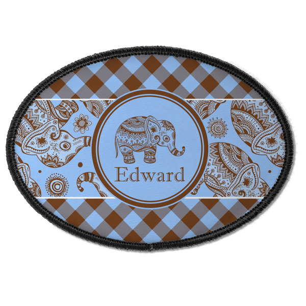 Custom Gingham & Elephants Iron On Oval Patch w/ Name or Text