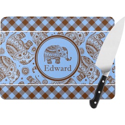 Gingham & Elephants Rectangular Glass Cutting Board - Large - 15.25"x11.25" w/ Name or Text