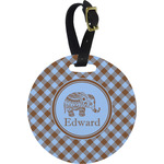 Gingham & Elephants Plastic Luggage Tag - Round (Personalized)