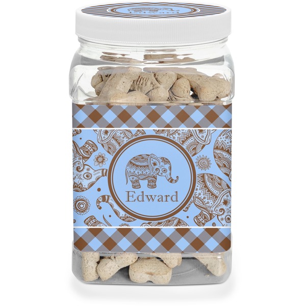 Custom Gingham & Elephants Dog Treat Jar (Personalized)