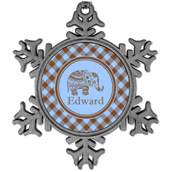 Gingham & Elephants Vintage Snowflake Ornament (Personalized)