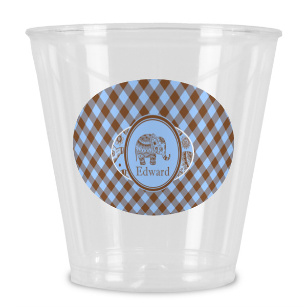 Custom Gingham & Elephants Plastic Shot Glass (Personalized)