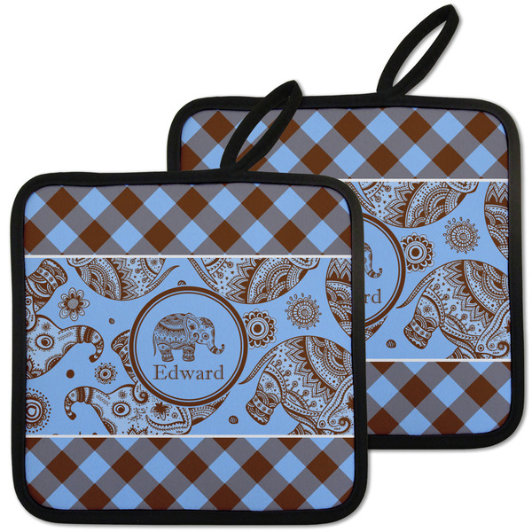 Custom Gingham & Elephants Pot Holders - Set of 2 w/ Name or Text