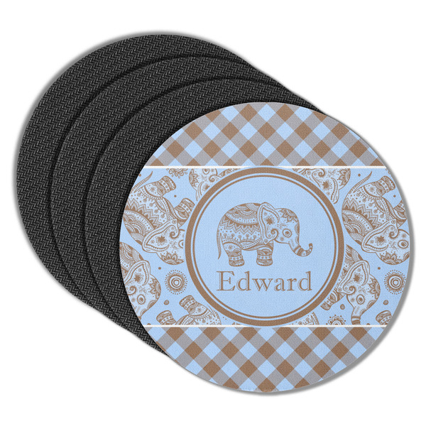 Custom Gingham & Elephants Round Rubber Backed Coasters - Set of 4 (Personalized)