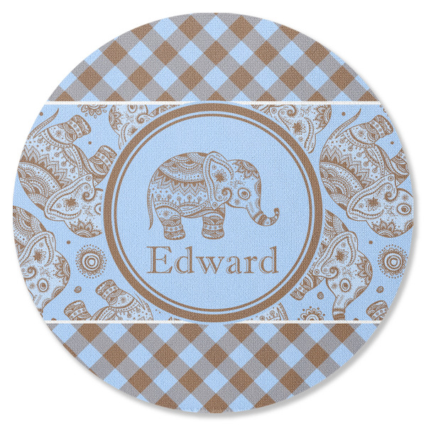 Custom Gingham & Elephants Round Rubber Backed Coaster (Personalized)