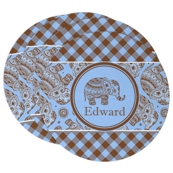 Custom Gingham & Elephants Round Paper Coasters w/ Name or Text