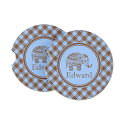 Gingham & Elephants Sandstone Car Coasters - Set of 2 (Personalized)