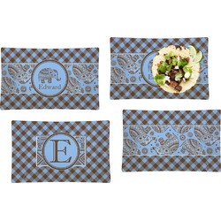 Gingham & Elephants Set of 4 Glass Rectangular Lunch / Dinner Plate (Personalized)