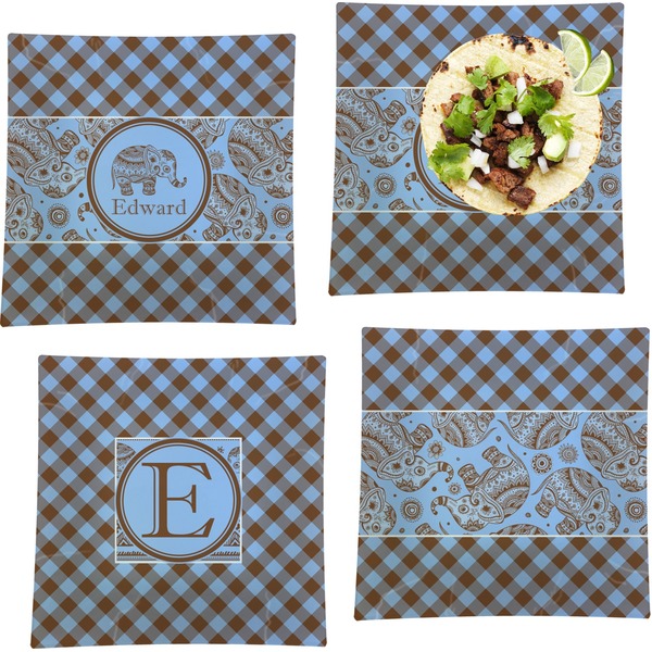 Custom Gingham & Elephants Set of 4 Glass Square Lunch / Dinner Plate 9.5" (Personalized)