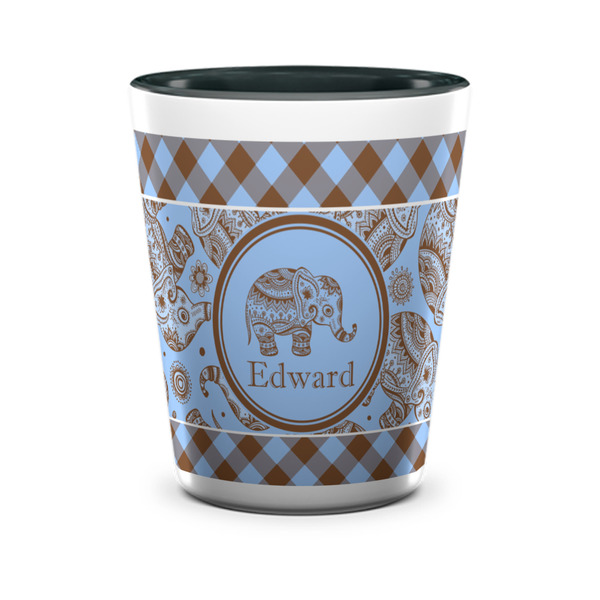 Custom Gingham & Elephants Ceramic Shot Glass - 1.5 oz - Two Tone - Set of 4 (Personalized)