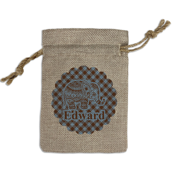 Custom Gingham & Elephants Small Burlap Gift Bag - Front (Personalized)