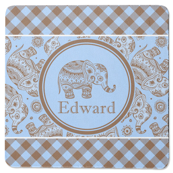 Custom Gingham & Elephants Square Rubber Backed Coaster (Personalized)