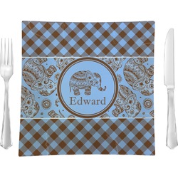 Gingham & Elephants 9.5" Glass Square Lunch / Dinner Plate- Single or Set of 4 (Personalized)