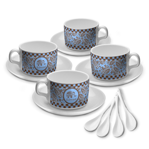 Custom Gingham & Elephants Tea Cup - Set of 4 (Personalized)