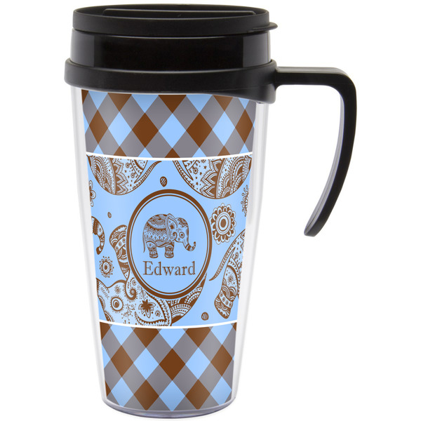 Custom Gingham & Elephants Acrylic Travel Mug with Handle (Personalized)