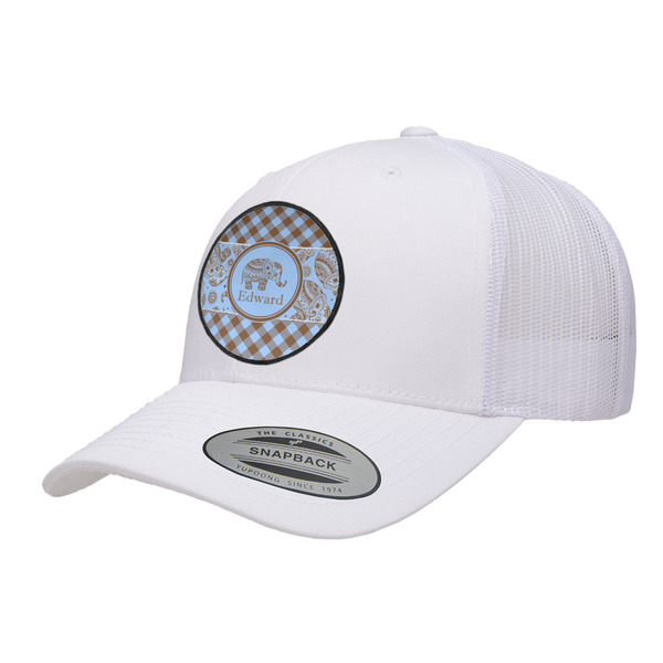 Custom Gingham & Elephants Trucker Hat - White (Personalized)