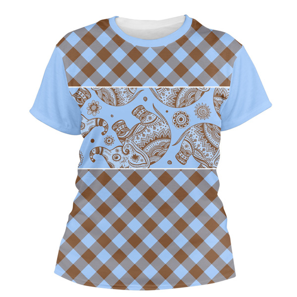 Custom Gingham & Elephants Women's Crew T-Shirt - Medium