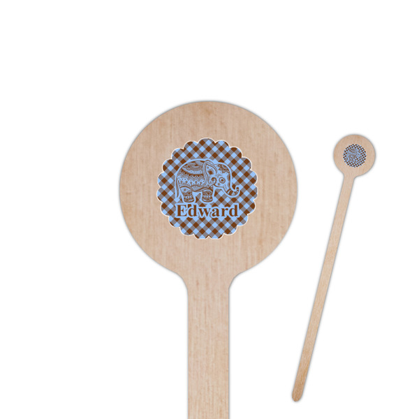 Custom Gingham & Elephants 7.5" Round Wooden Stir Sticks - Double Sided (Personalized)