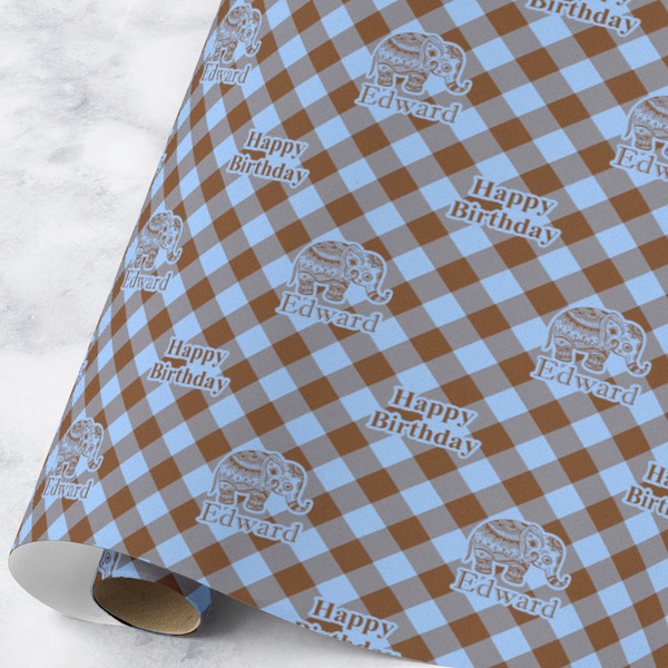 Custom Gingham & Elephants Wrapping Paper Roll - Large - Matte (Personalized)