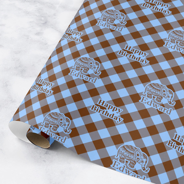 Custom Gingham & Elephants Wrapping Paper Roll - Medium (Personalized)