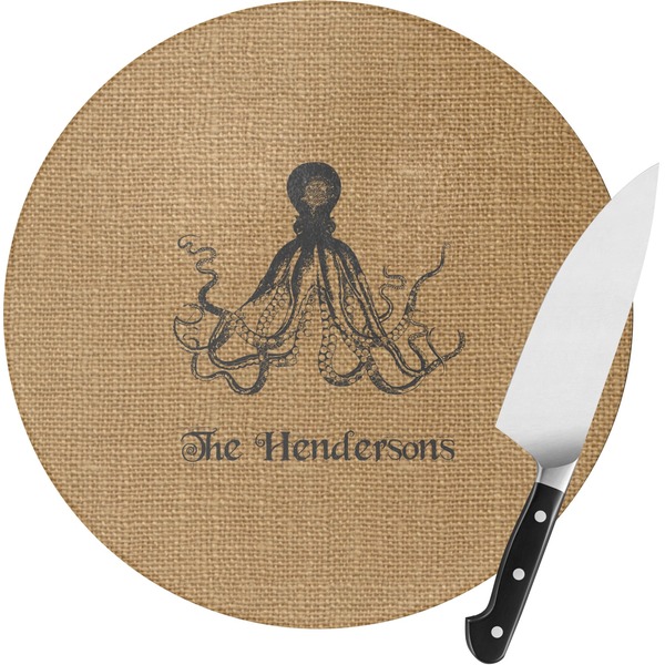 Custom Octopus & Burlap Print Round Glass Cutting Board - Small (Personalized)