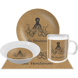 Octopus & Burlap Print Dinner Set - Single 4 Pc Setting w/ Name or Text