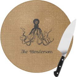 Octopus & Burlap Print Round Glass Cutting Board - Medium (Personalized)