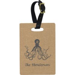 Octopus & Burlap Print Plastic Luggage Tag - Rectangular w/ Name or Text