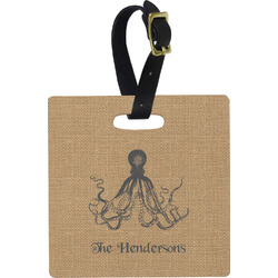 Octopus & Burlap Print Plastic Luggage Tag - Square w/ Name or Text