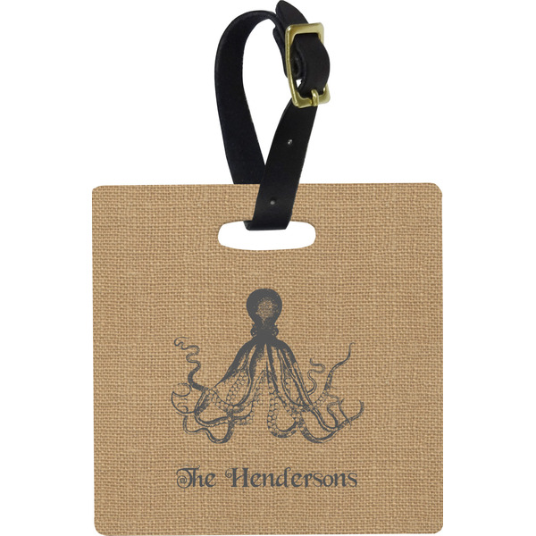 Custom Octopus & Burlap Print Plastic Luggage Tag - Square w/ Name or Text